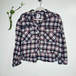 BDG Urban Outfitters Gray Red White Blue Flannel Plaid Crop Oversized Shirt Butt